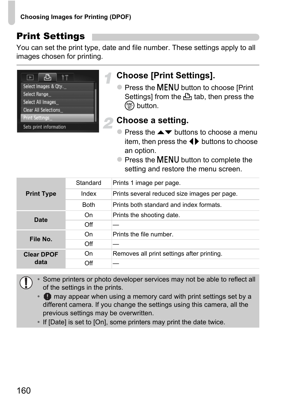 Print settings, Choose [print settings, Choose a setting | Canon IXUS 115 HS User Manual | Page 160 / 209