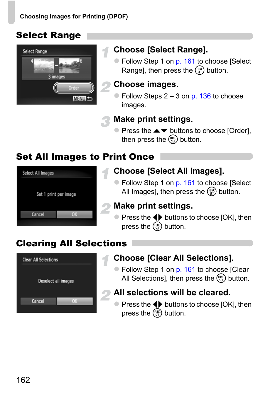 Select range, Set all images to print once, Clearing all selections | Choose [select range, Choose images, Make print settings, Choose [select all images, Choose [clear all selections, All selections will be cleared | Canon IXUS 115 HS User Manual | Page 162 / 209