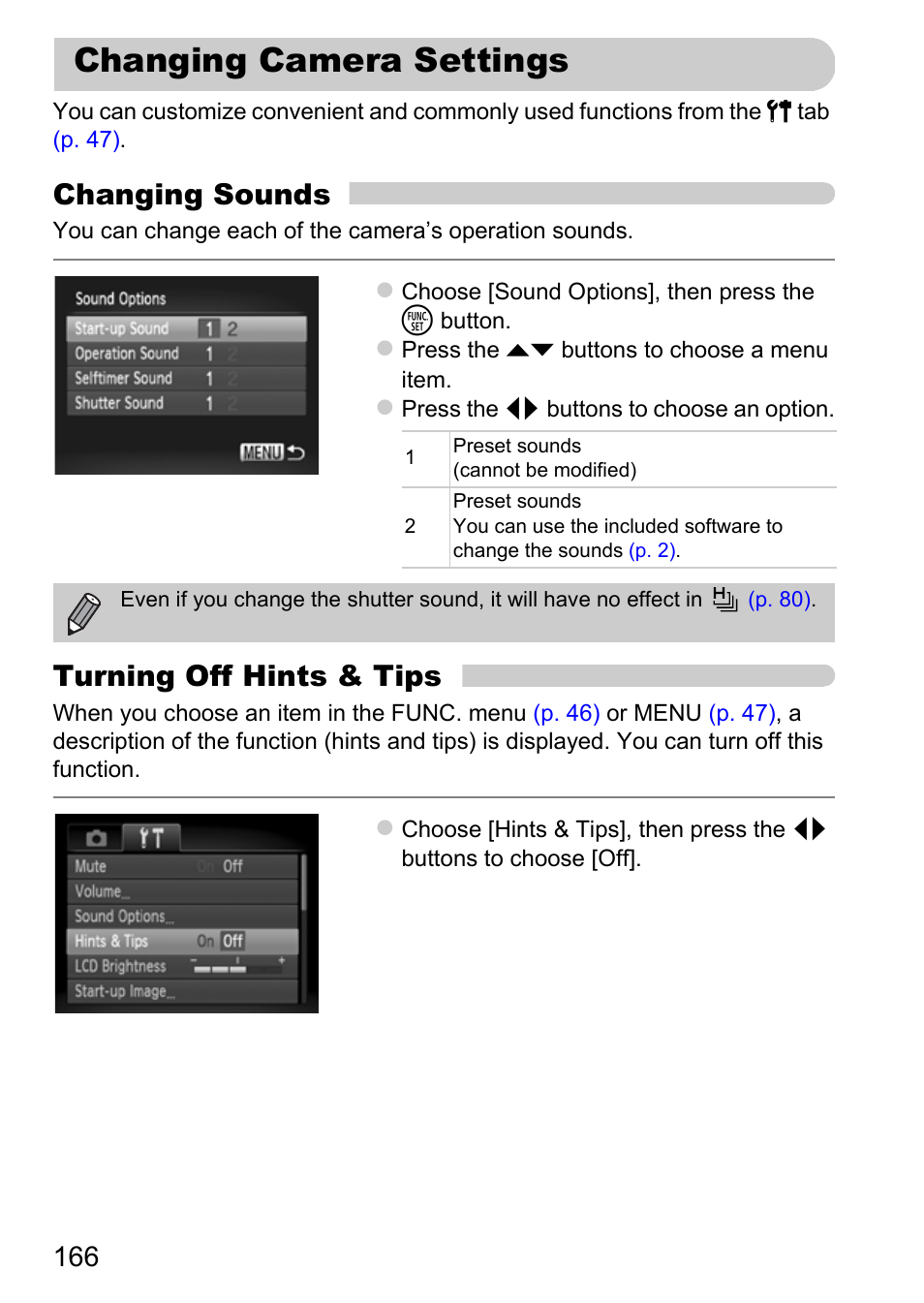 Changing camera settings, Imer, P. 166) | Changing sounds, Turning off hints & tips | Canon IXUS 115 HS User Manual | Page 166 / 209