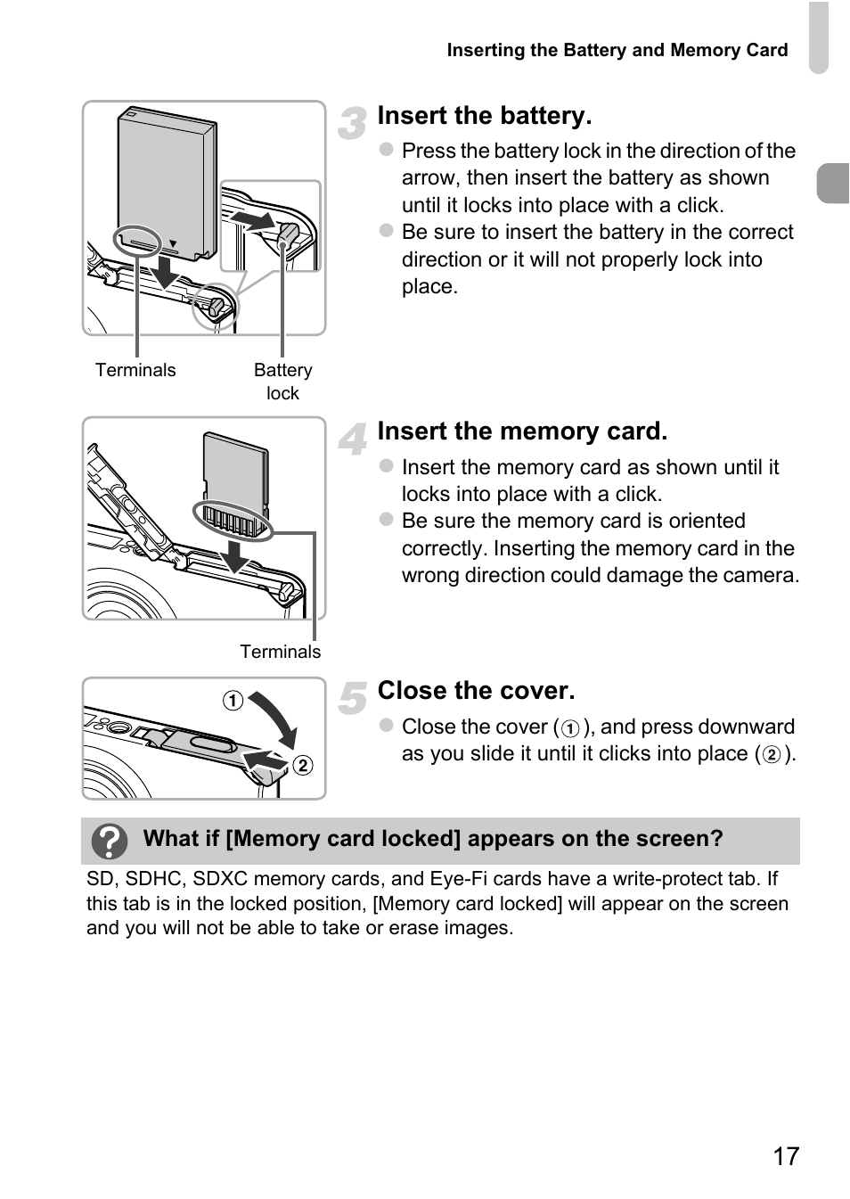 17 insert the battery, Close the cover | Canon IXUS 115 HS User Manual | Page 17 / 209