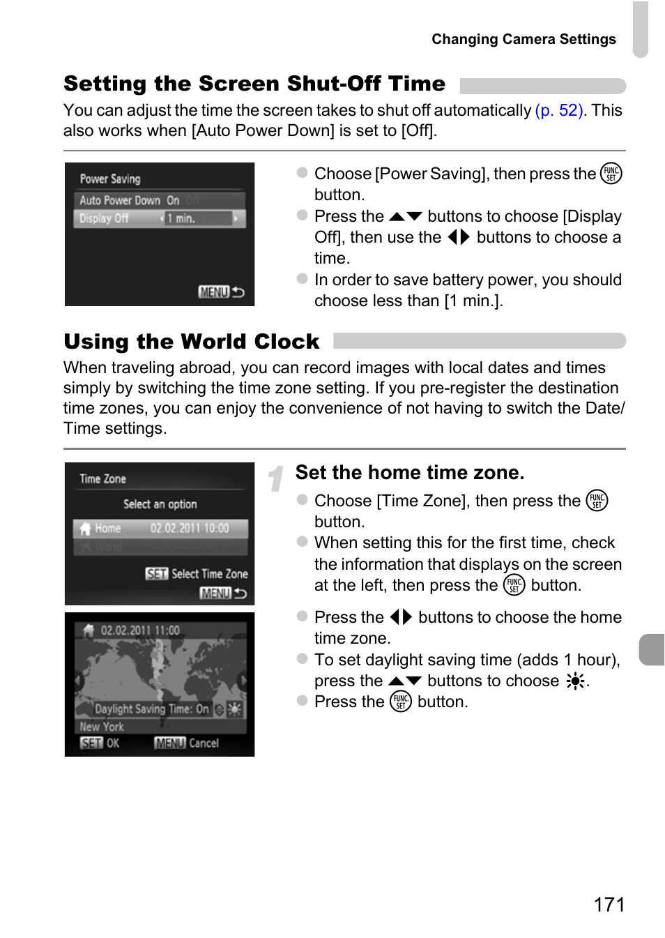 P. 171), Setting the screen shut-off time, Using the world clock | Set the home time zone | Canon IXUS 115 HS User Manual | Page 171 / 209