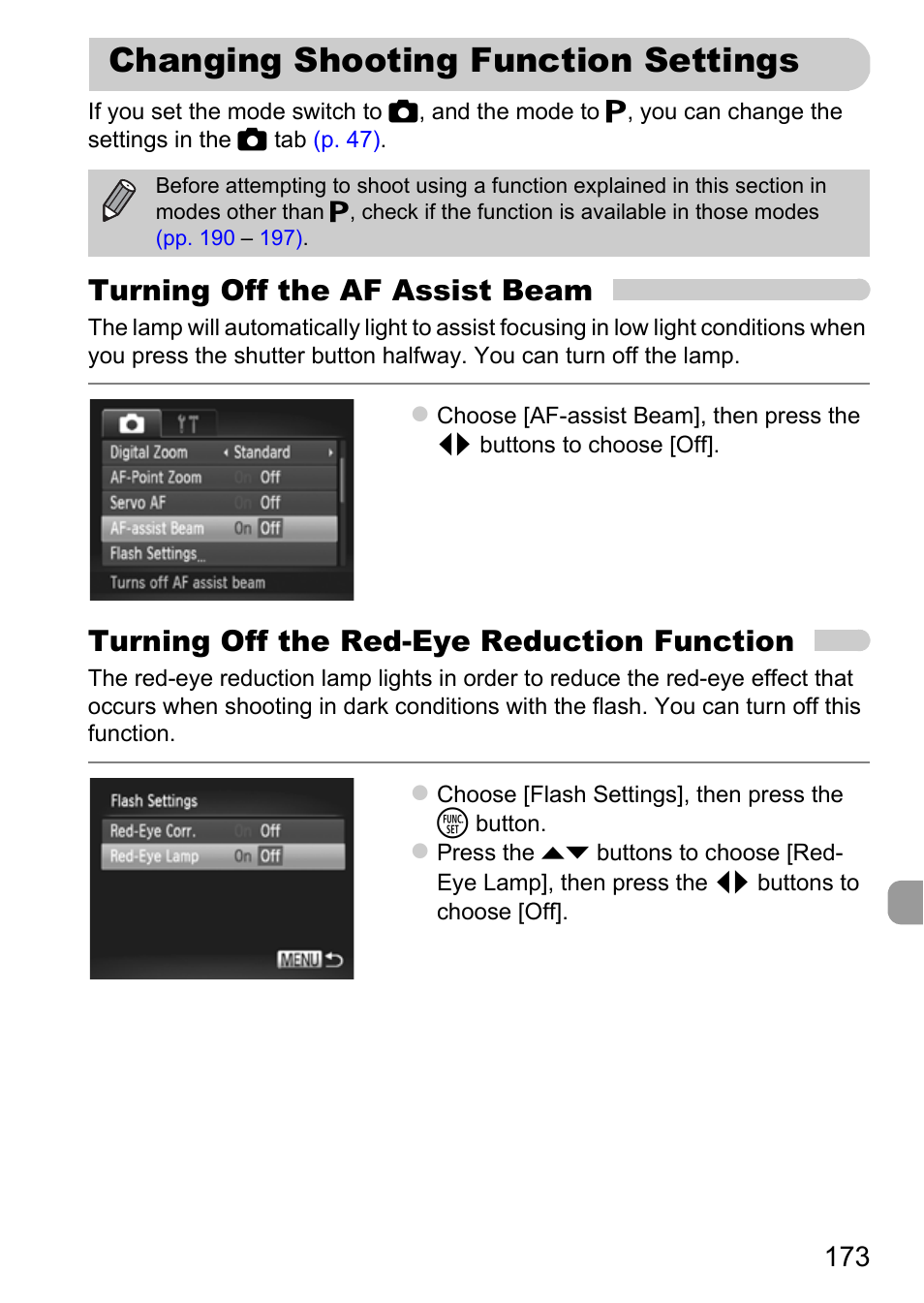 Changing shooting function settings, Changing shooting function, Settings | P. 173), Turning off the af assist beam, Turning off the red-eye reduction function | Canon IXUS 115 HS User Manual | Page 173 / 209