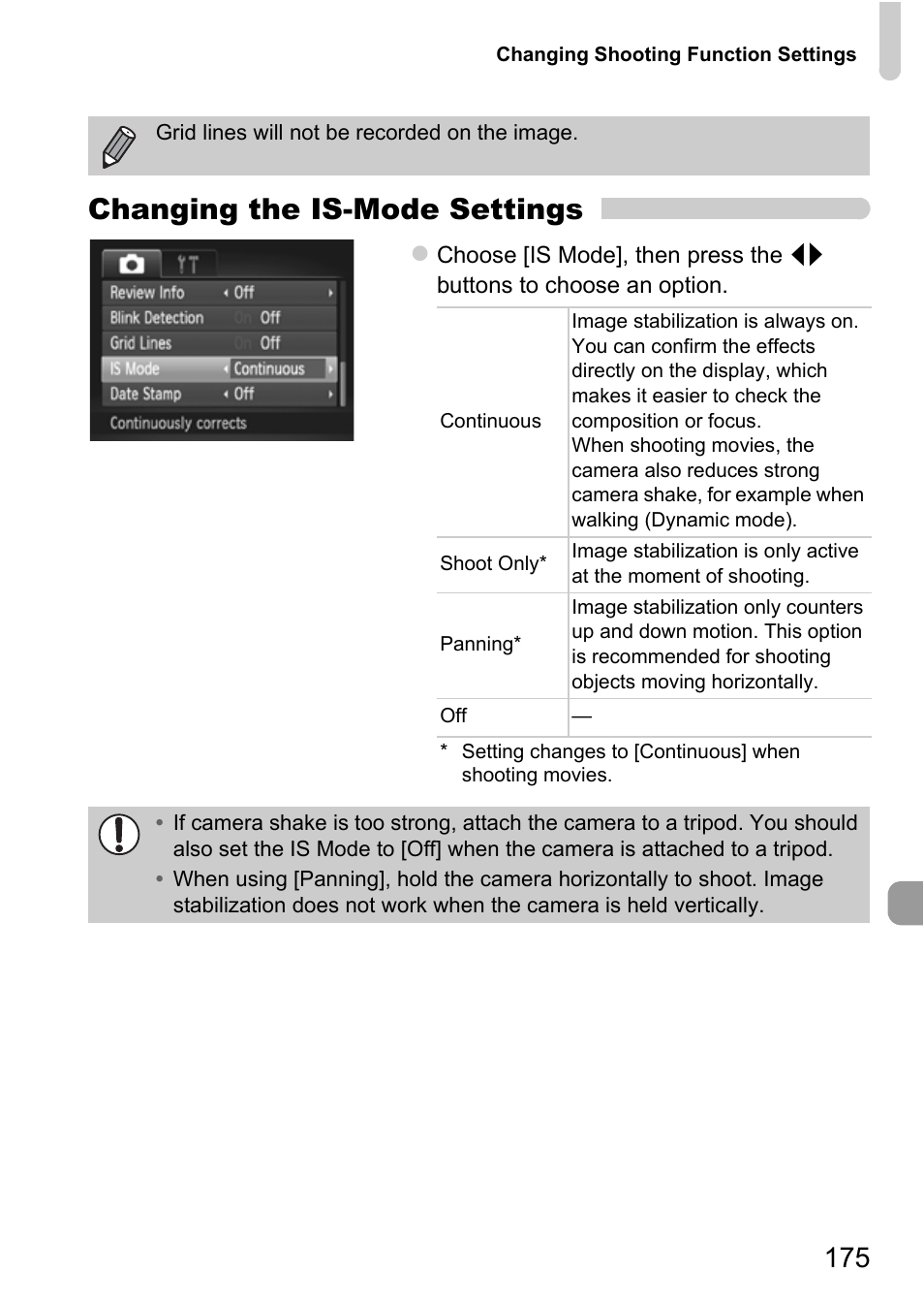 P. 175), Changing the is-mode settings | Canon IXUS 115 HS User Manual | Page 175 / 209