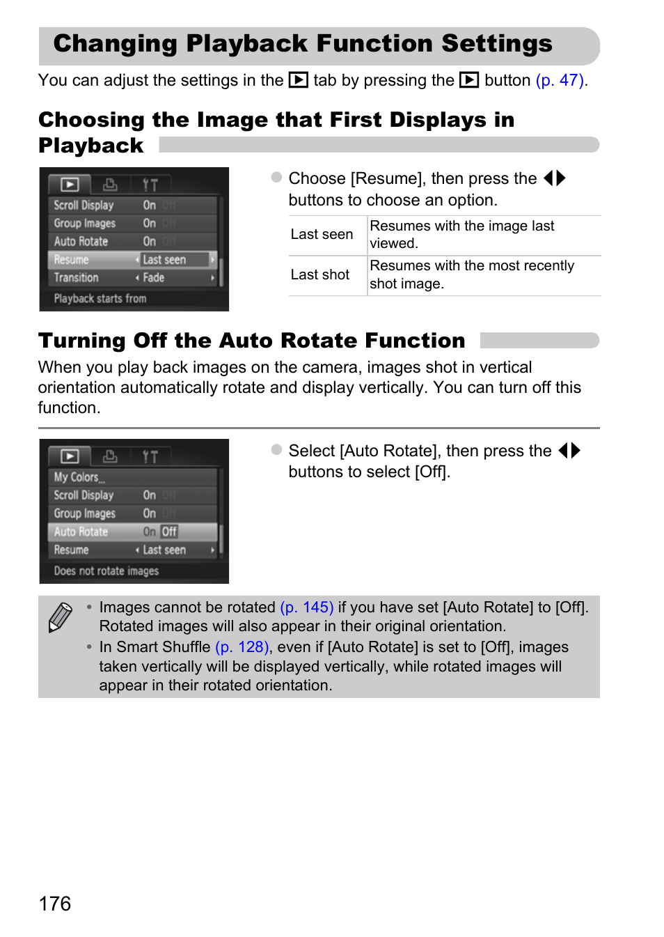 Changing playback function settings, Changing playback function, Settings | Choosing the image that first displays in playback, Turning off the auto rotate function | Canon IXUS 115 HS User Manual | Page 176 / 209