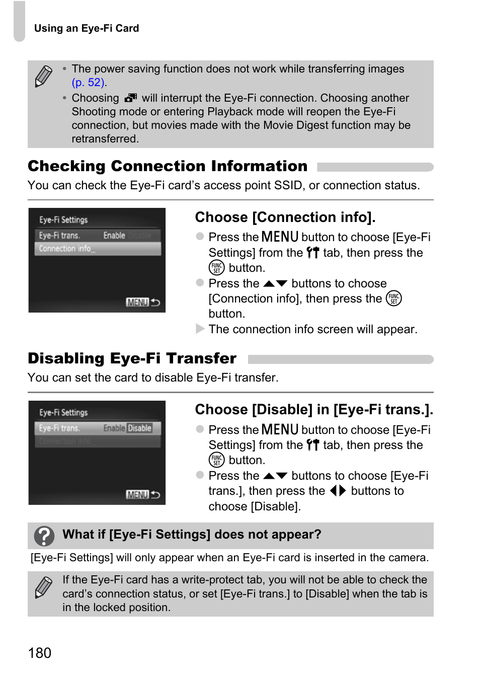 P. 180), Checking connection information, Disabling eye-fi transfer | Choose [connection info, Choose [disable] in [eye-fi trans | Canon IXUS 115 HS User Manual | Page 180 / 209