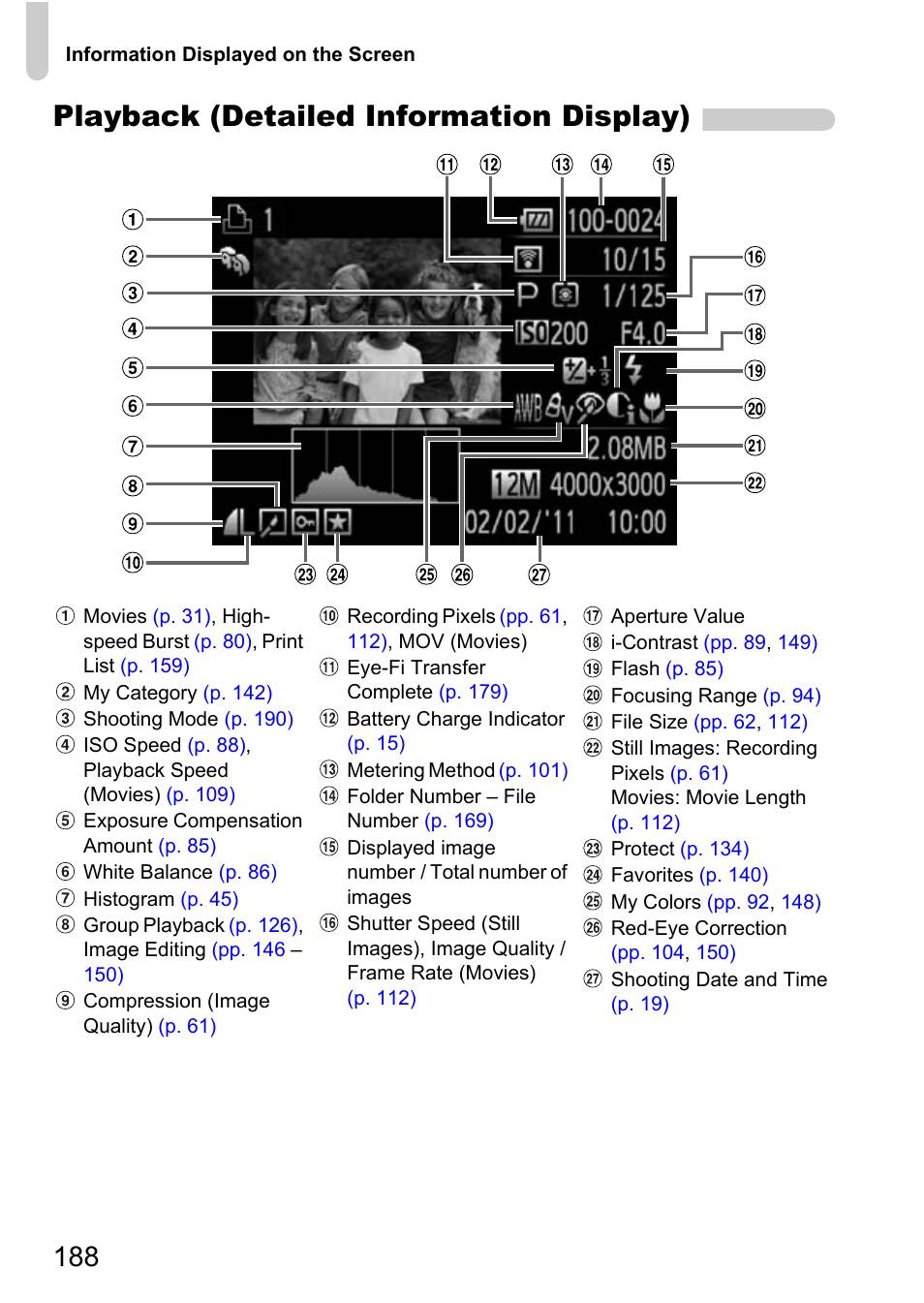 P. 188), Playback (detailed information display) | Canon IXUS 115 HS User Manual | Page 188 / 209