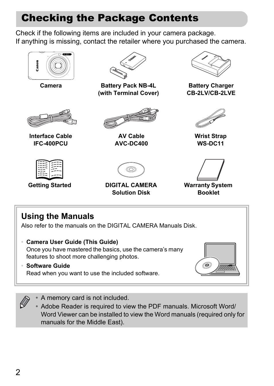 Checking the package contents, Using the manuals | Canon IXUS 115 HS User Manual | Page 2 / 209