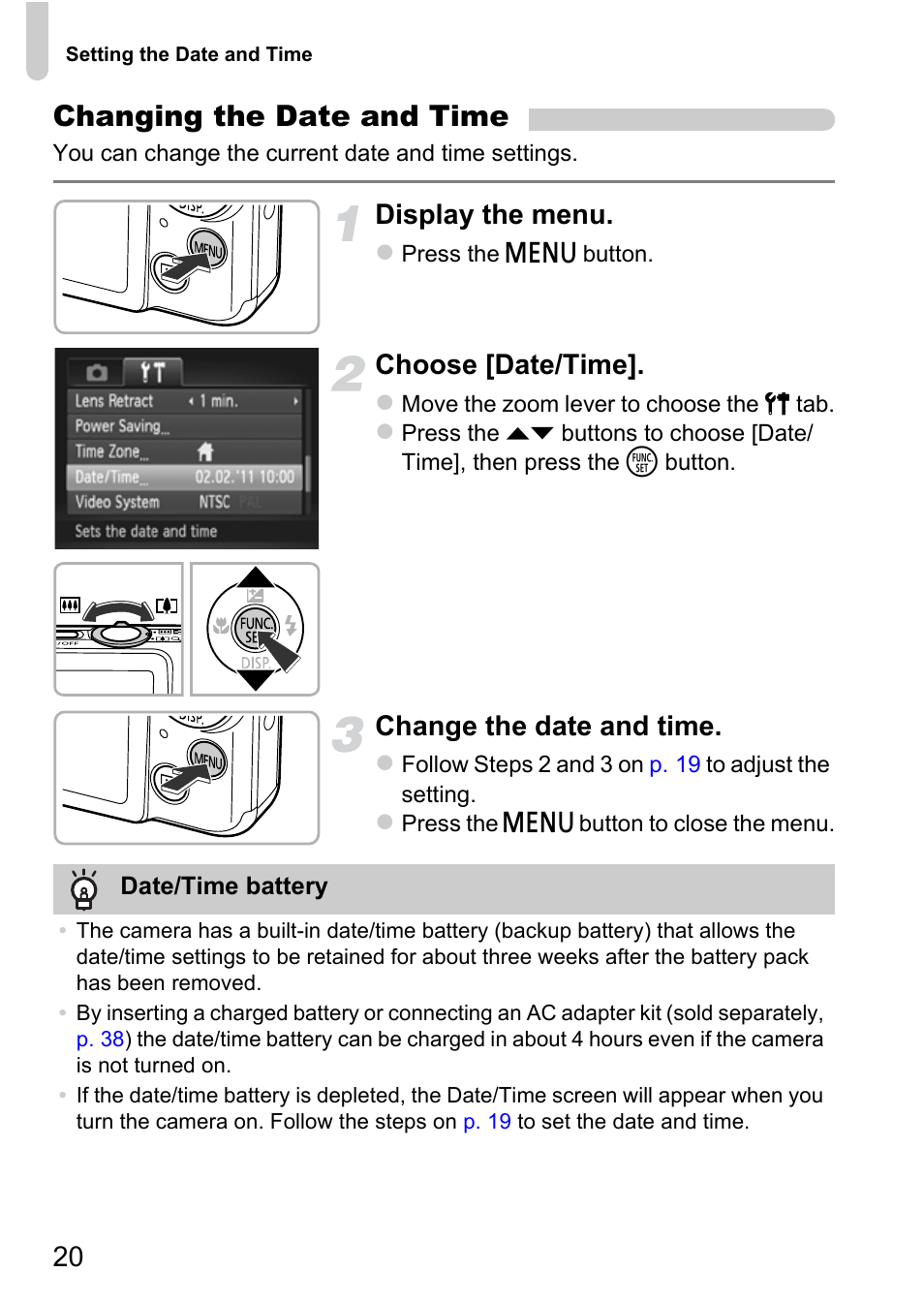 Changing the date and time, Display the menu, Choose [date/time | Change the date and time | Canon IXUS 115 HS User Manual | Page 20 / 209