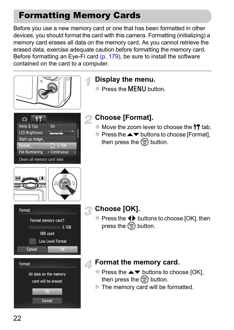 Formatting memory cards, Display the menu, Choose [format | Choose [ok | Canon IXUS 115 HS User Manual | Page 22 / 209