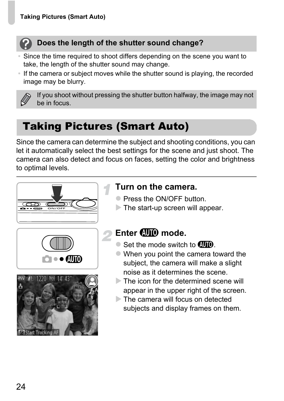 Taking pictures (smart auto), Turn on the camera, Enter a mode | Canon IXUS 115 HS User Manual | Page 24 / 209