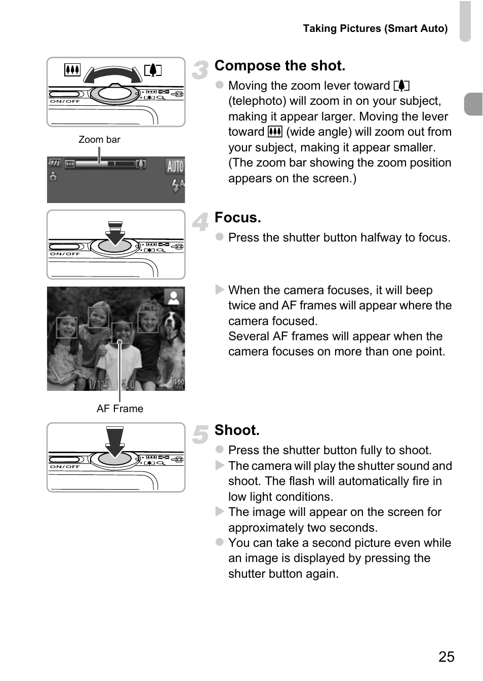 25 compose the shot, Focus, Shoot | Canon IXUS 115 HS User Manual | Page 25 / 209