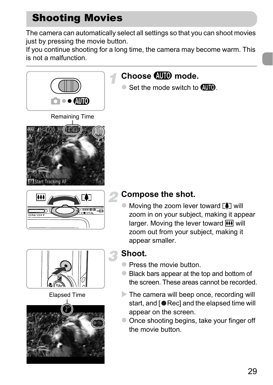 Shooting movies | Canon IXUS 115 HS User Manual | Page 29 / 209