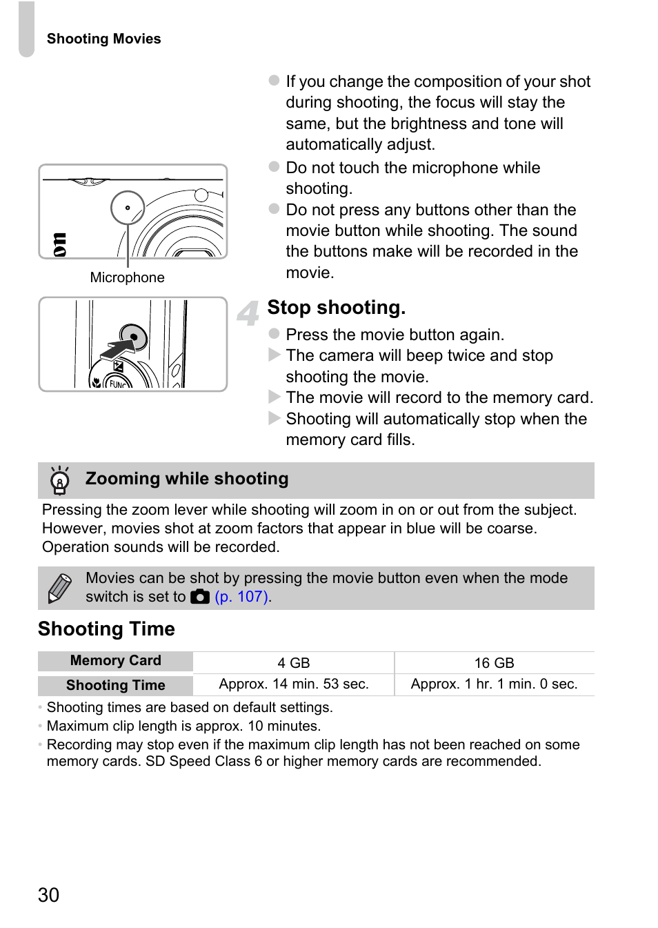 Stop shooting, Shooting time | Canon IXUS 115 HS User Manual | Page 30 / 209