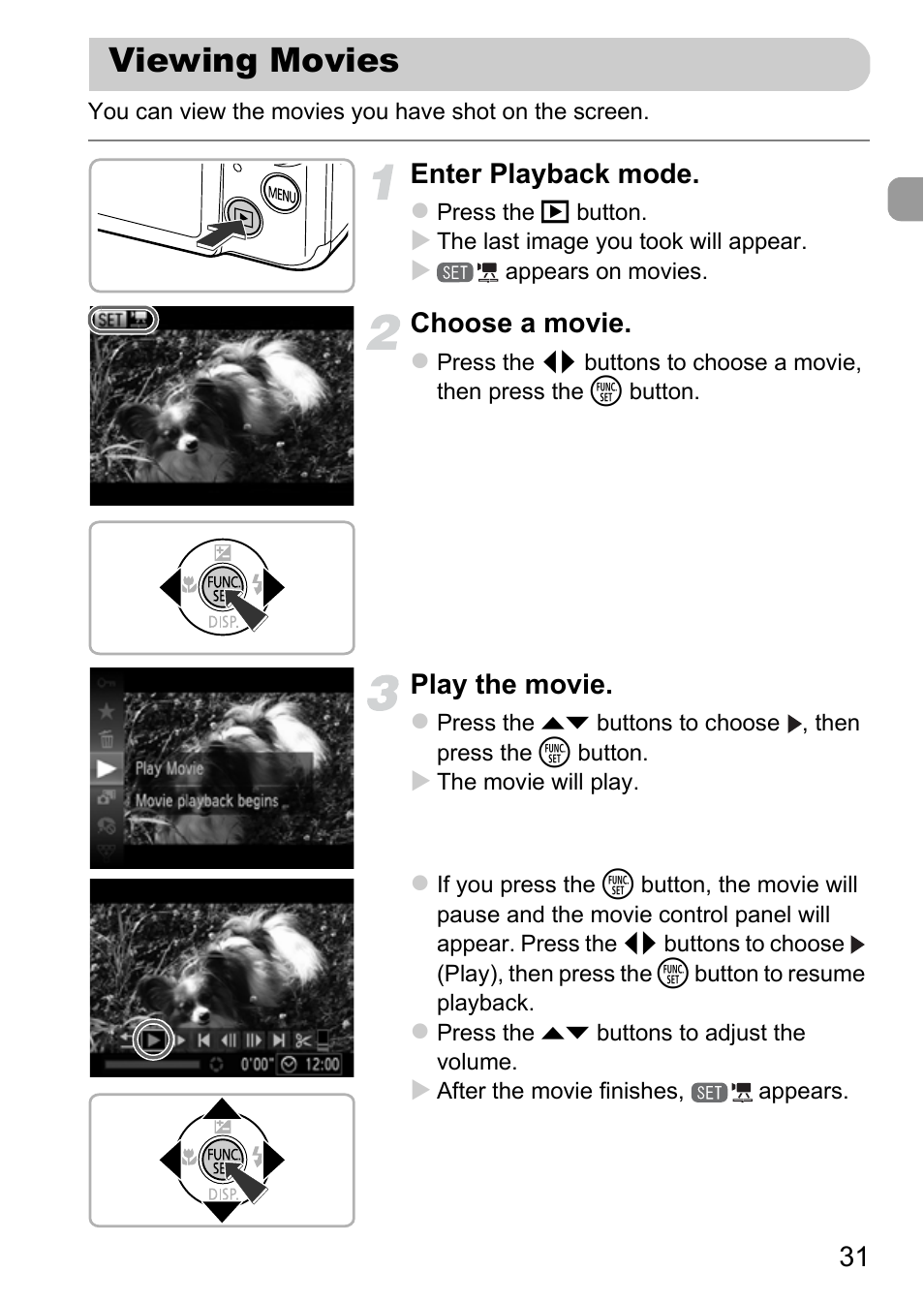 Viewing movies, Enter playback mode, Choose a movie | Play the movie | Canon IXUS 115 HS User Manual | Page 31 / 209