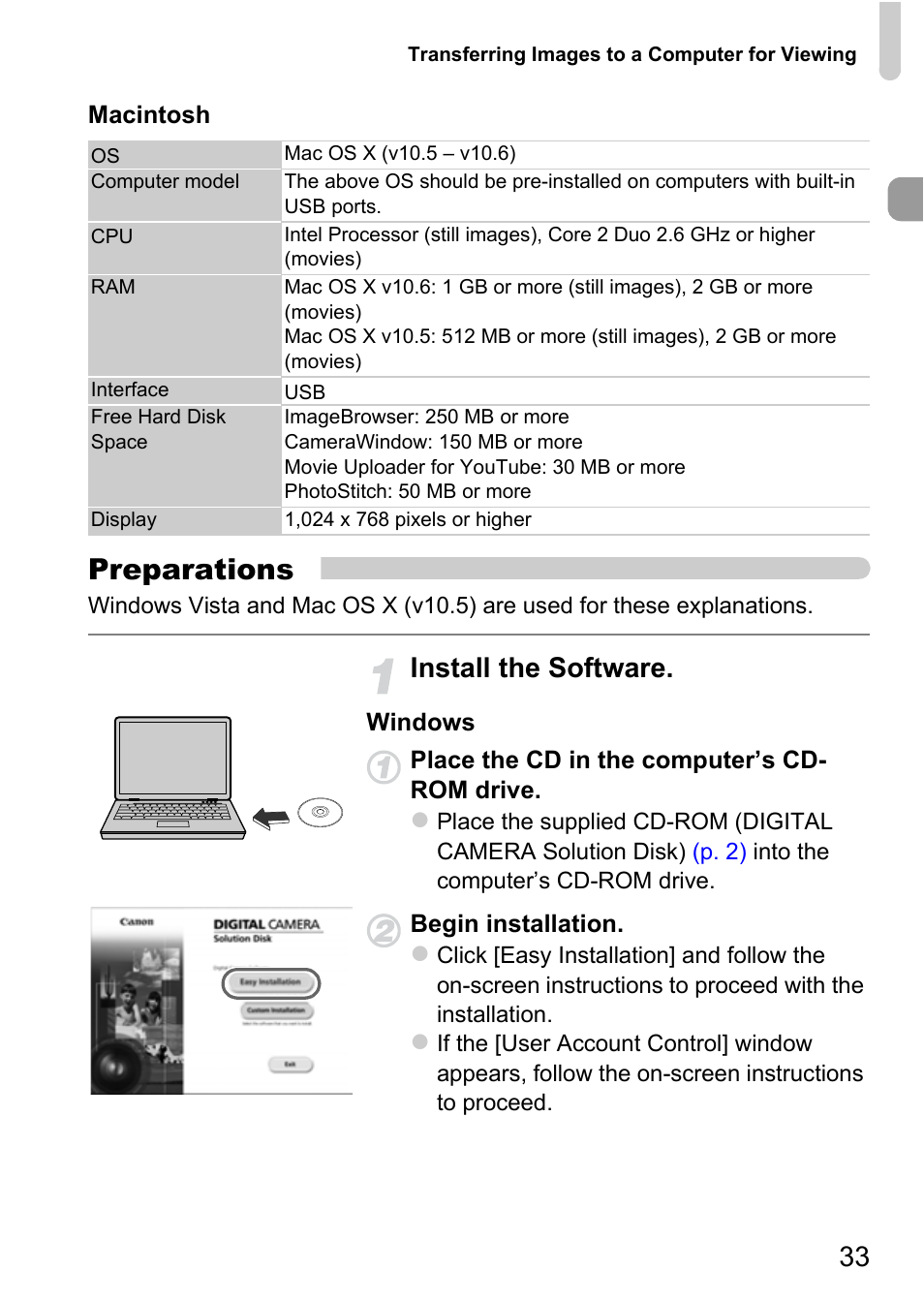 Preparations, Install the software | Canon IXUS 115 HS User Manual | Page 33 / 209