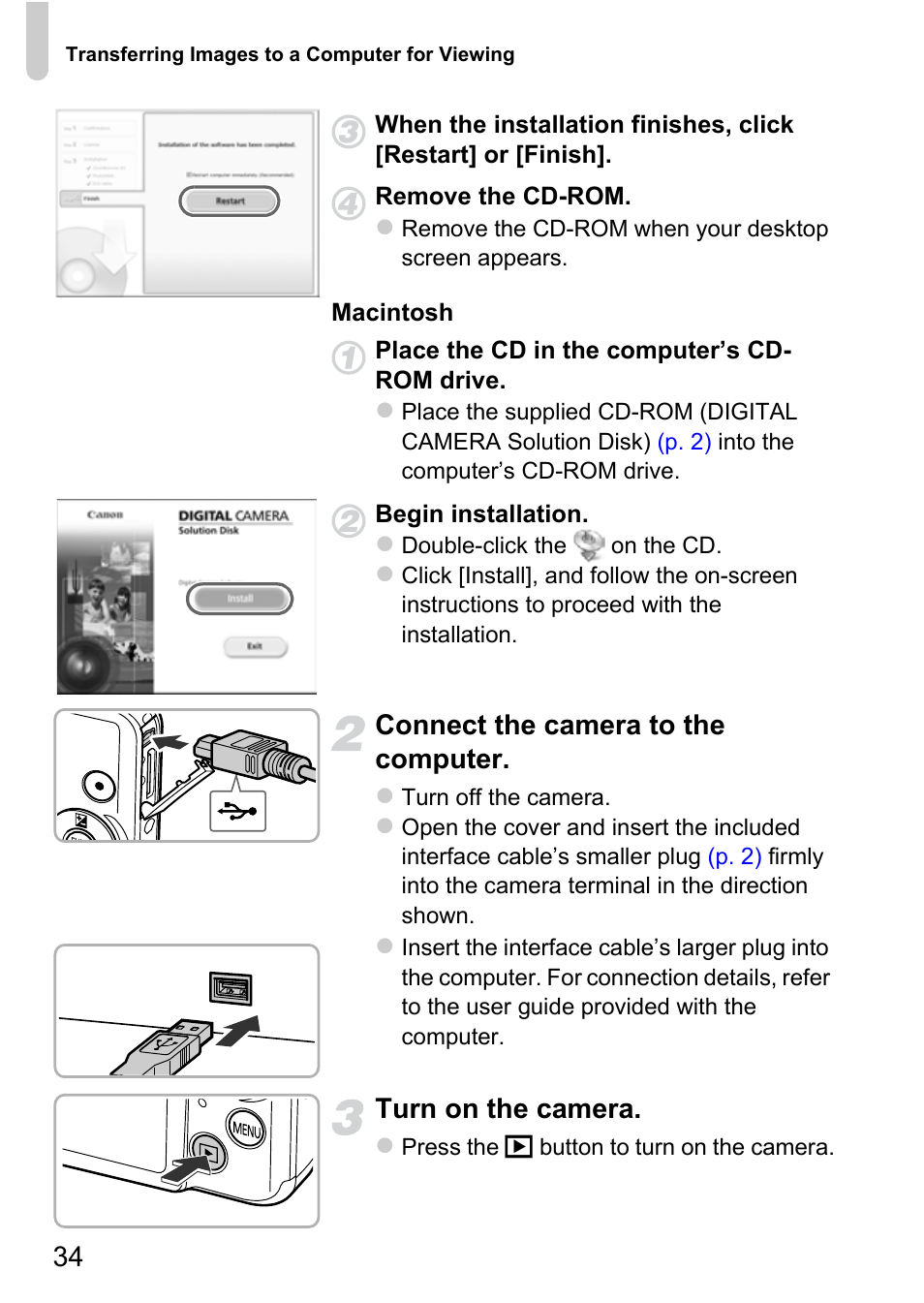 Connect the camera to the computer, Turn on the camera | Canon IXUS 115 HS User Manual | Page 34 / 209