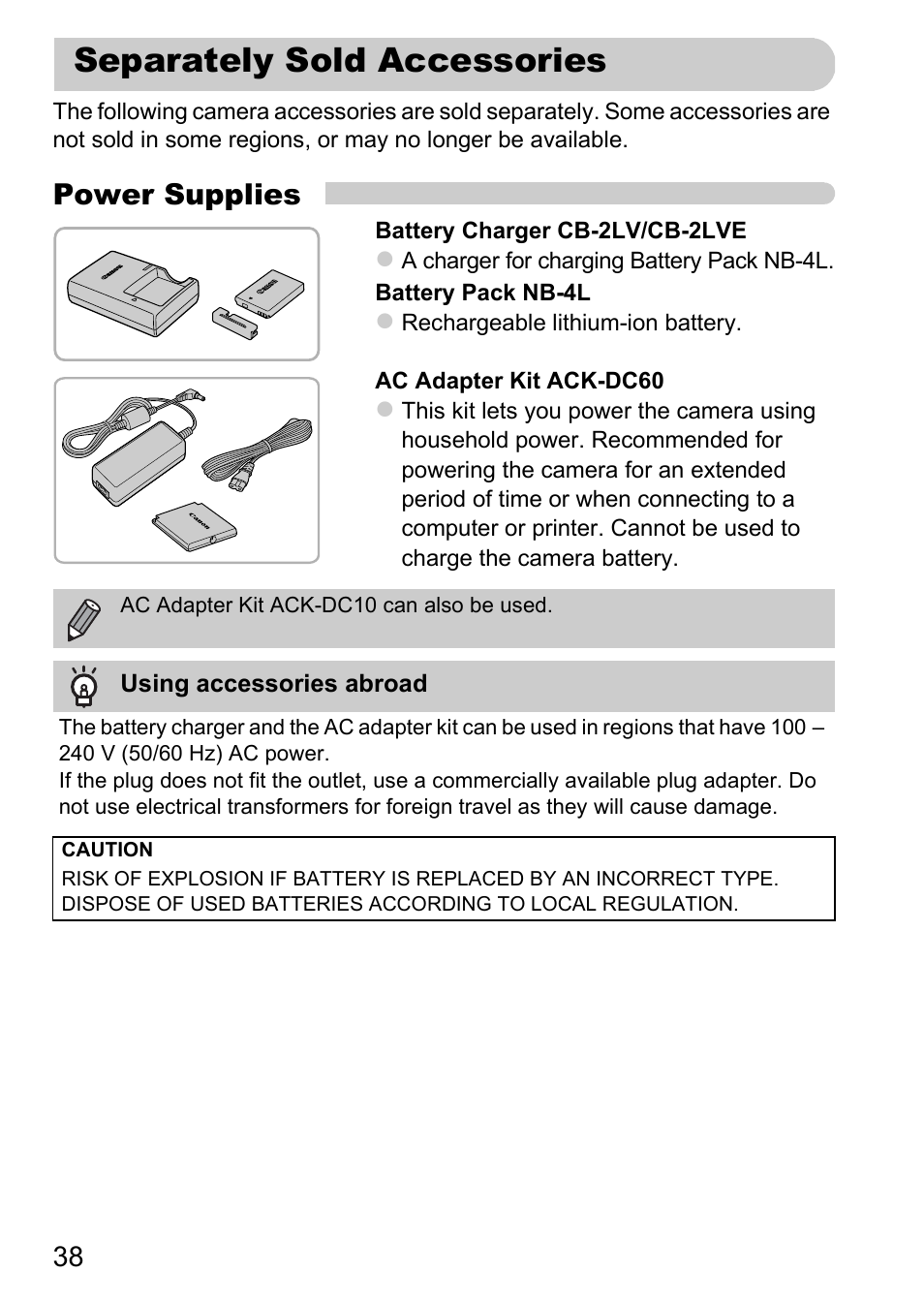 Separately sold accessories, P. 38, Power supplies | Canon IXUS 115 HS User Manual | Page 38 / 209