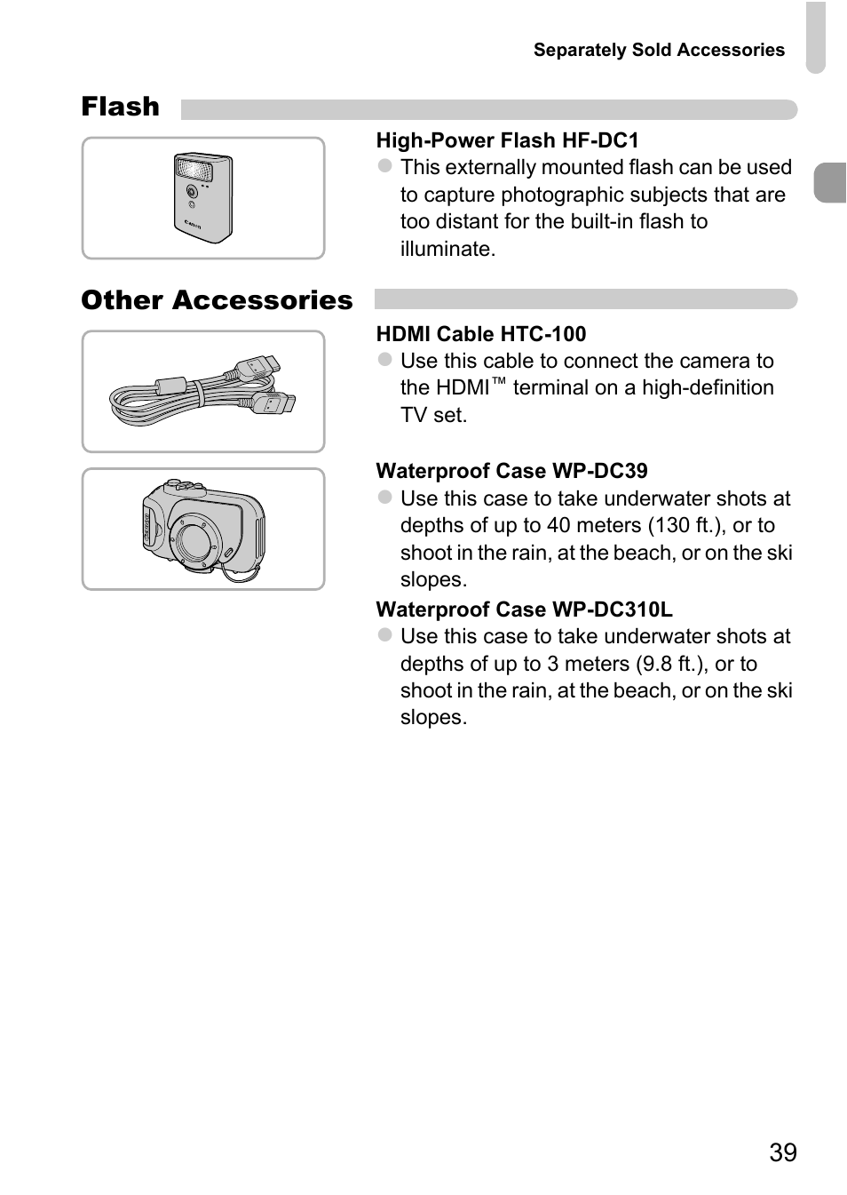 Flash, Other accessories | Canon IXUS 115 HS User Manual | Page 39 / 209