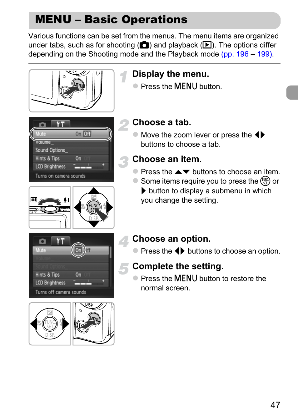 Menu – basic operations, P. 47) | Canon IXUS 115 HS User Manual | Page 47 / 209