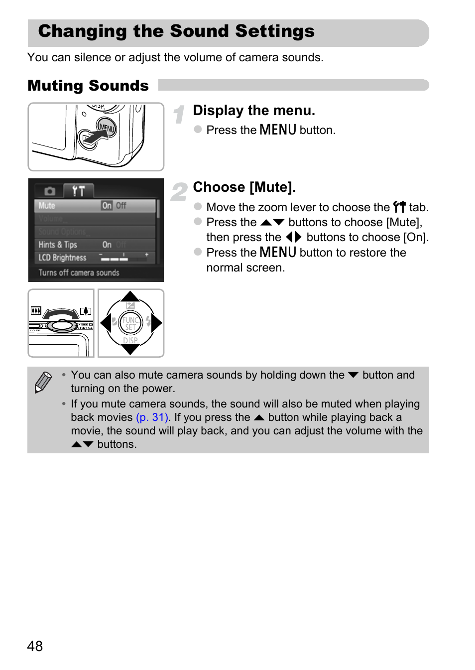 Changing the sound settings, Muting sounds, Display the menu | Choose [mute | Canon IXUS 115 HS User Manual | Page 48 / 209