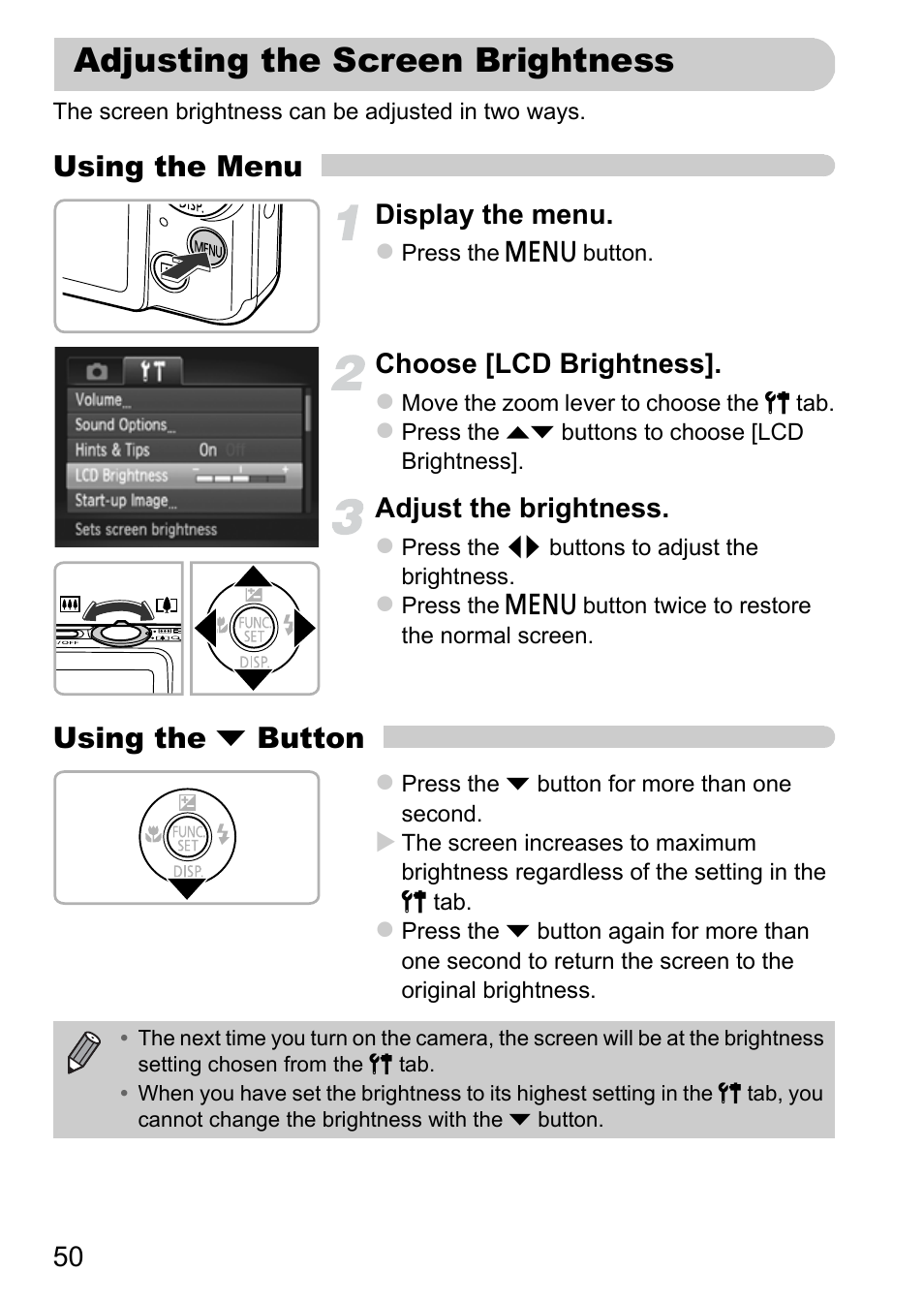 Adjusting the screen brightness, Using the menu, Using the p button | Display the menu, Choose [lcd brightness, Adjust the brightness | Canon IXUS 115 HS User Manual | Page 50 / 209