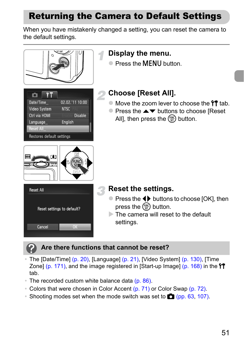 Returning the camera to default settings, Returning the camera to default, Settings | Display the menu, Choose [reset all, Reset the settings | Canon IXUS 115 HS User Manual | Page 51 / 209