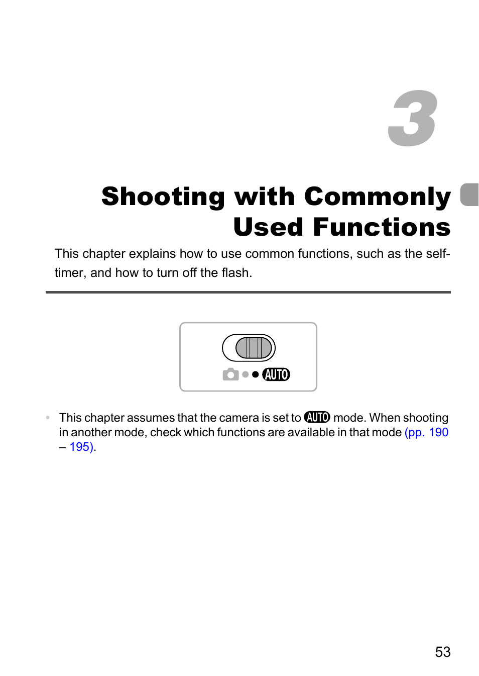 3 shooting with commonly used functions, 3 shooting with commonly, Used functions | Pp. 53, Shooting with commonly used functions | Canon IXUS 115 HS User Manual | Page 53 / 209