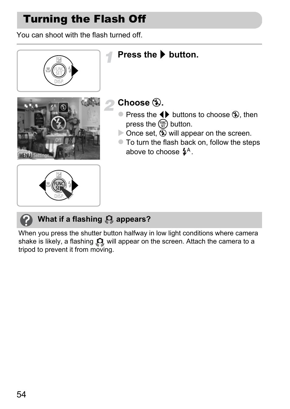 Turning the flash off, Pp. 54 | Canon IXUS 115 HS User Manual | Page 54 / 209