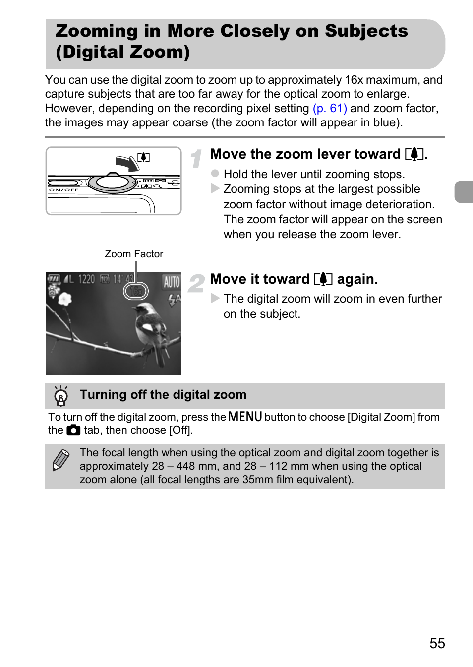 Zooming in more closely on subjects (digital zoom), Zooming in more closely on, Subjects (digital zoom) | Canon IXUS 115 HS User Manual | Page 55 / 209