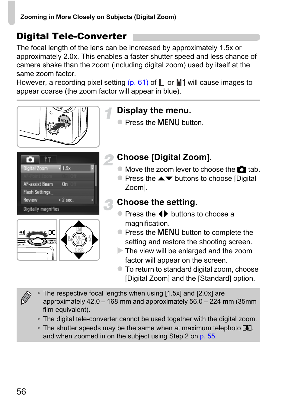 Digital tele-converter, Display the menu, Choose [digital zoom | Choose the setting | Canon IXUS 115 HS User Manual | Page 56 / 209