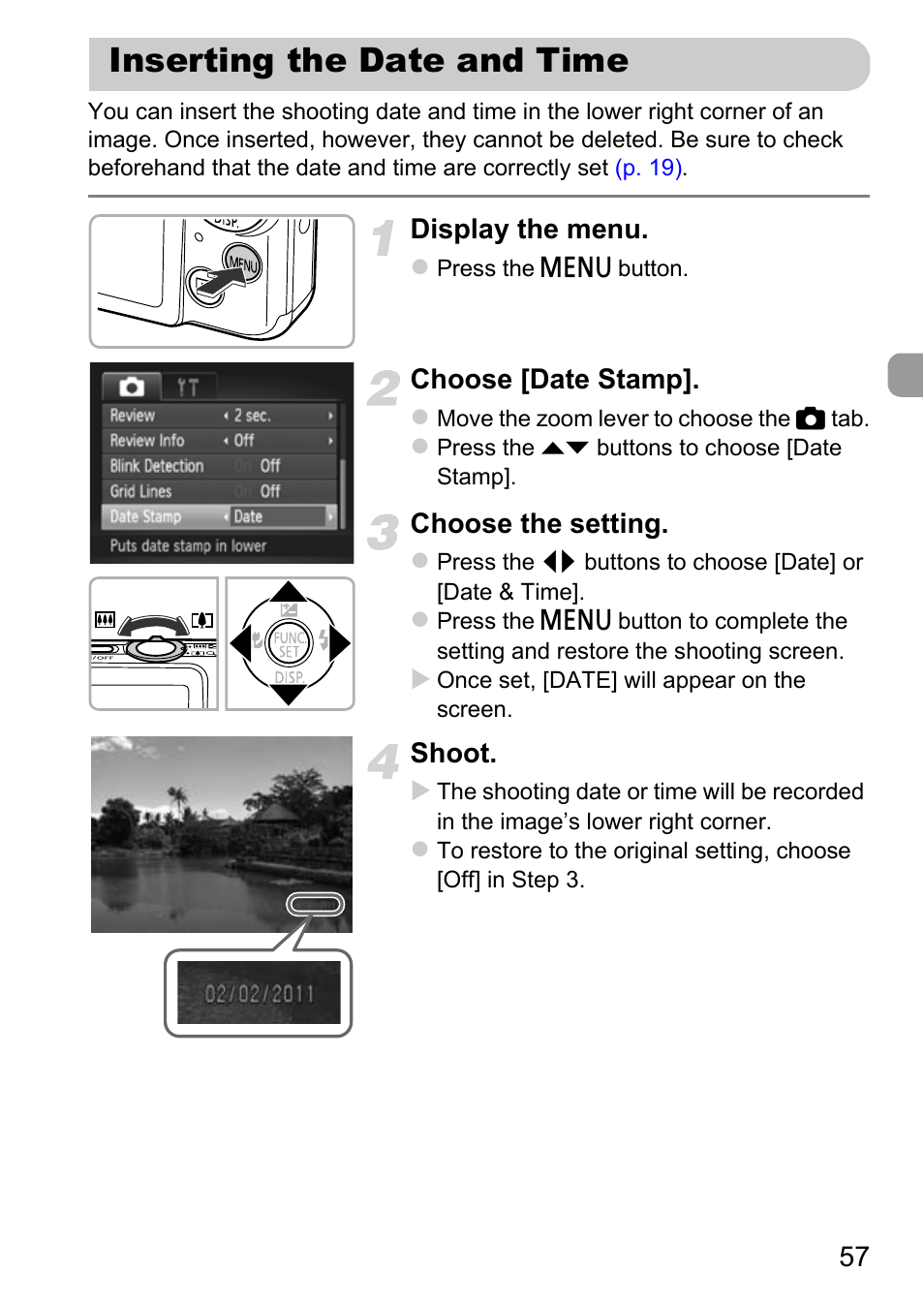 Inserting the date and time | Canon IXUS 115 HS User Manual | Page 57 / 209