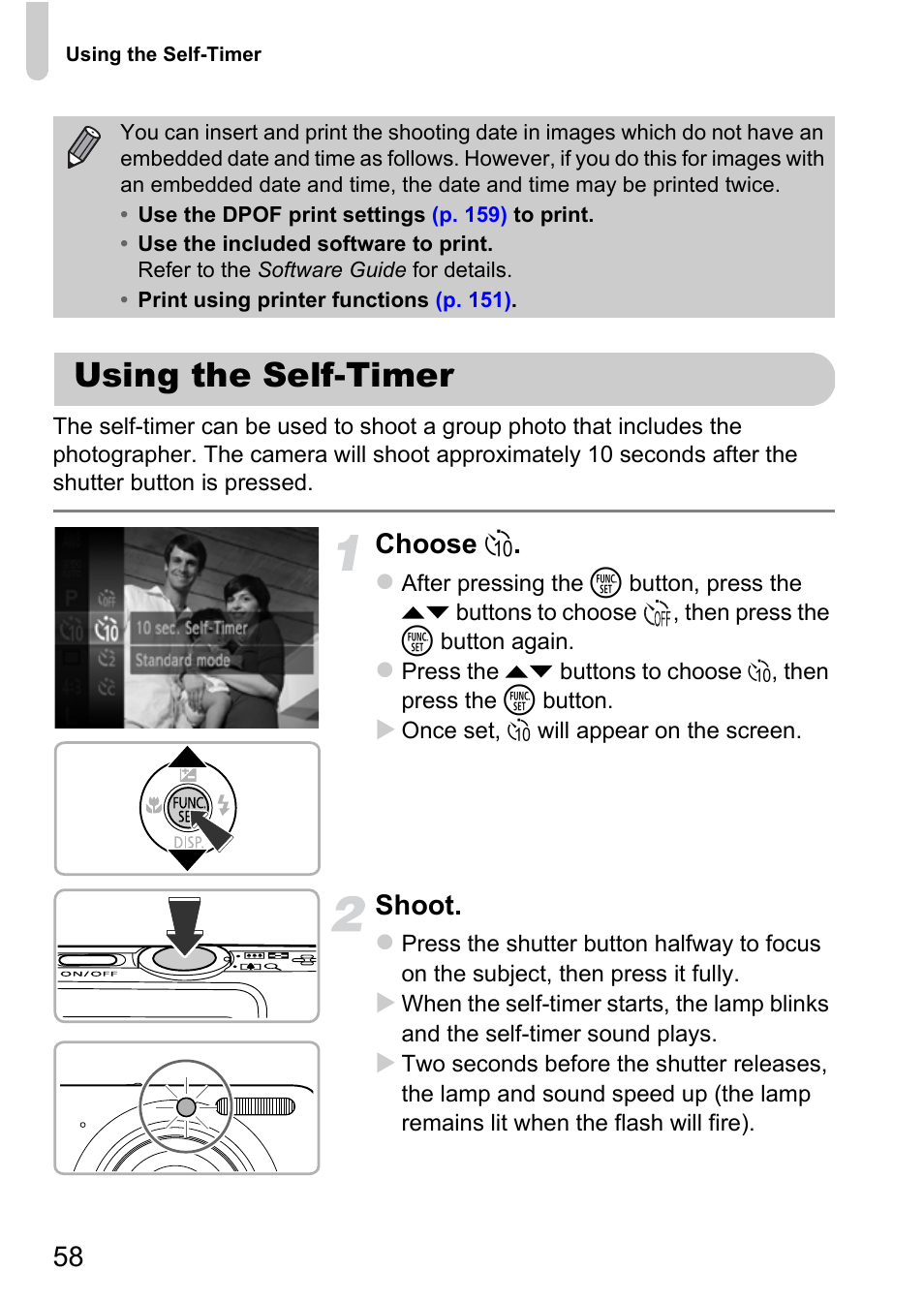 Using the self-timer, Pp. 58, Choose ò | Shoot | Canon IXUS 115 HS User Manual | Page 58 / 209