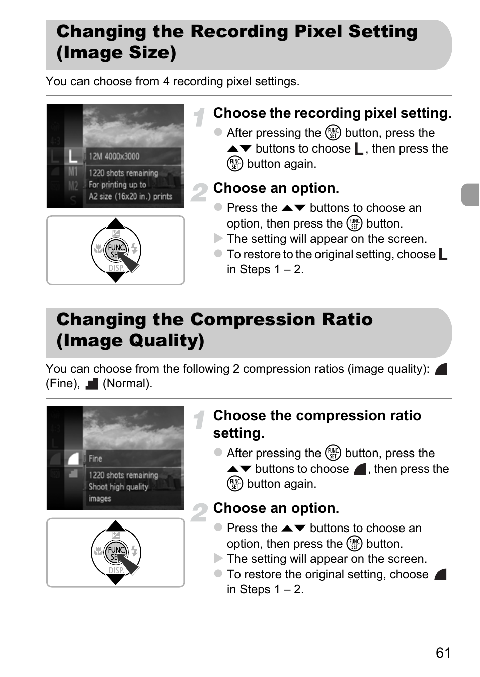 Changing the recording pixel setting (image size), Changing the compression ratio (image quality), Changing the recording pixel | Setting (image size), Changing the compression ratio, Image quality) | Canon IXUS 115 HS User Manual | Page 61 / 209