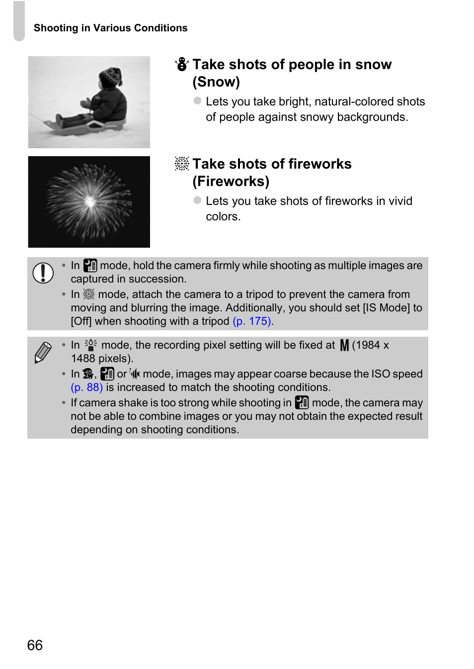 P. 66), 66 p take shots of people in snow (snow), T take shots of fireworks (fireworks) | Canon IXUS 115 HS User Manual | Page 66 / 209