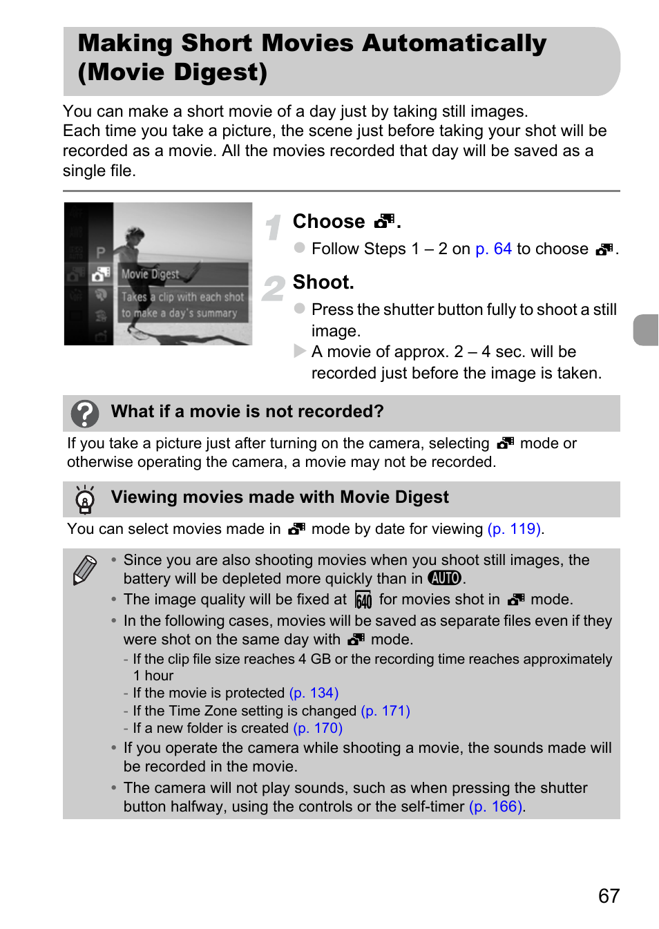 Making short movies automatically (movie digest), Making short movies automatically, Movie digest) | Choose, Shoot | Canon IXUS 115 HS User Manual | Page 67 / 209