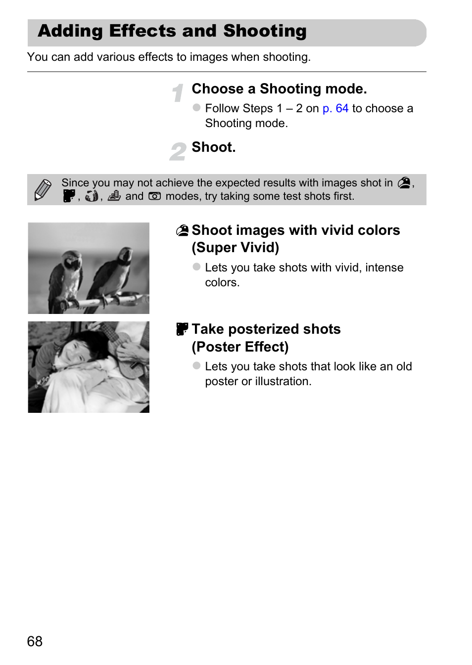 Adding effects and shooting, P. 68), Choose a shooting mode | Take posterized shots (poster effect) | Canon IXUS 115 HS User Manual | Page 68 / 209