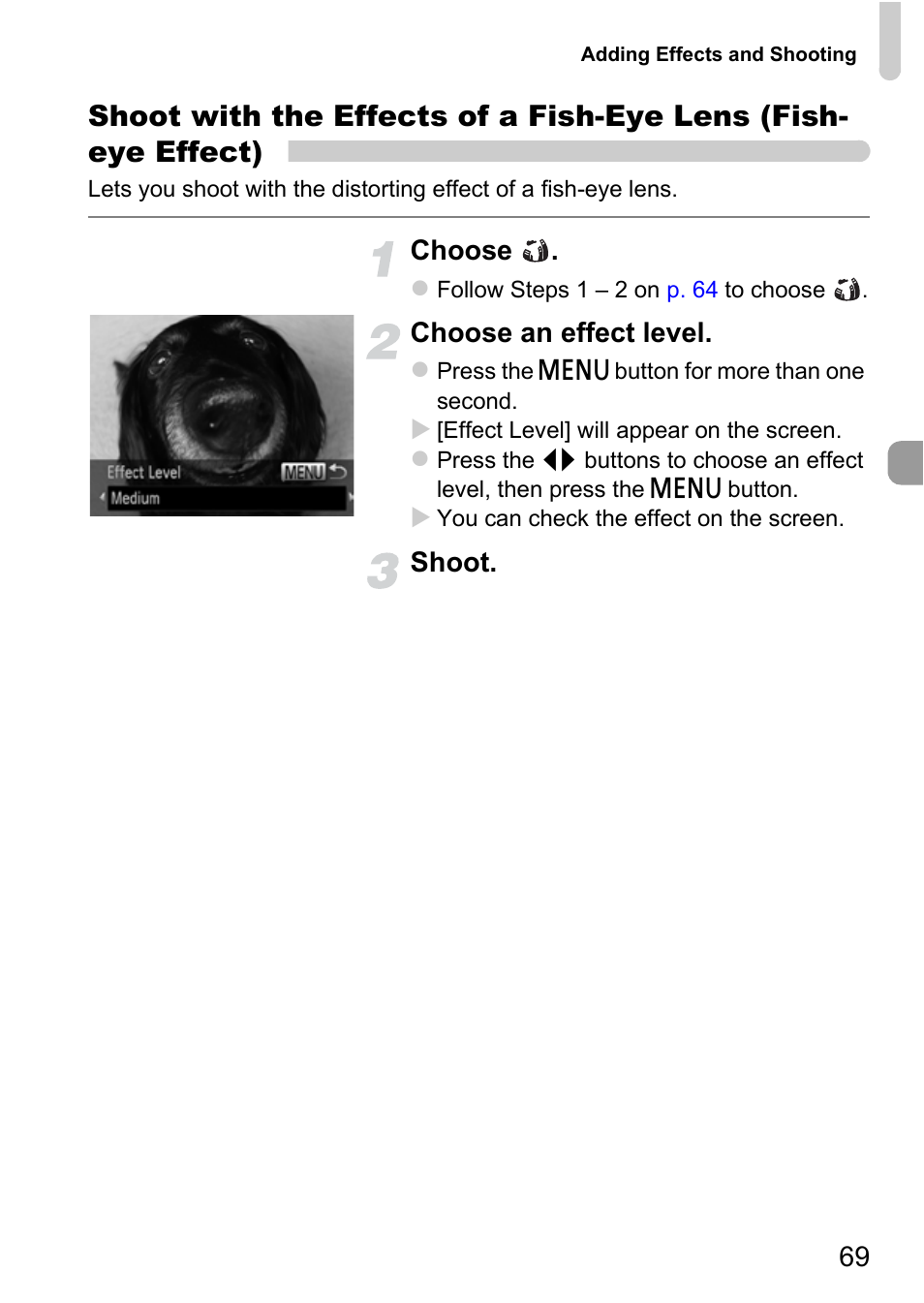 P. 69), Choose, Choose an effect level | Shoot | Canon IXUS 115 HS User Manual | Page 69 / 209