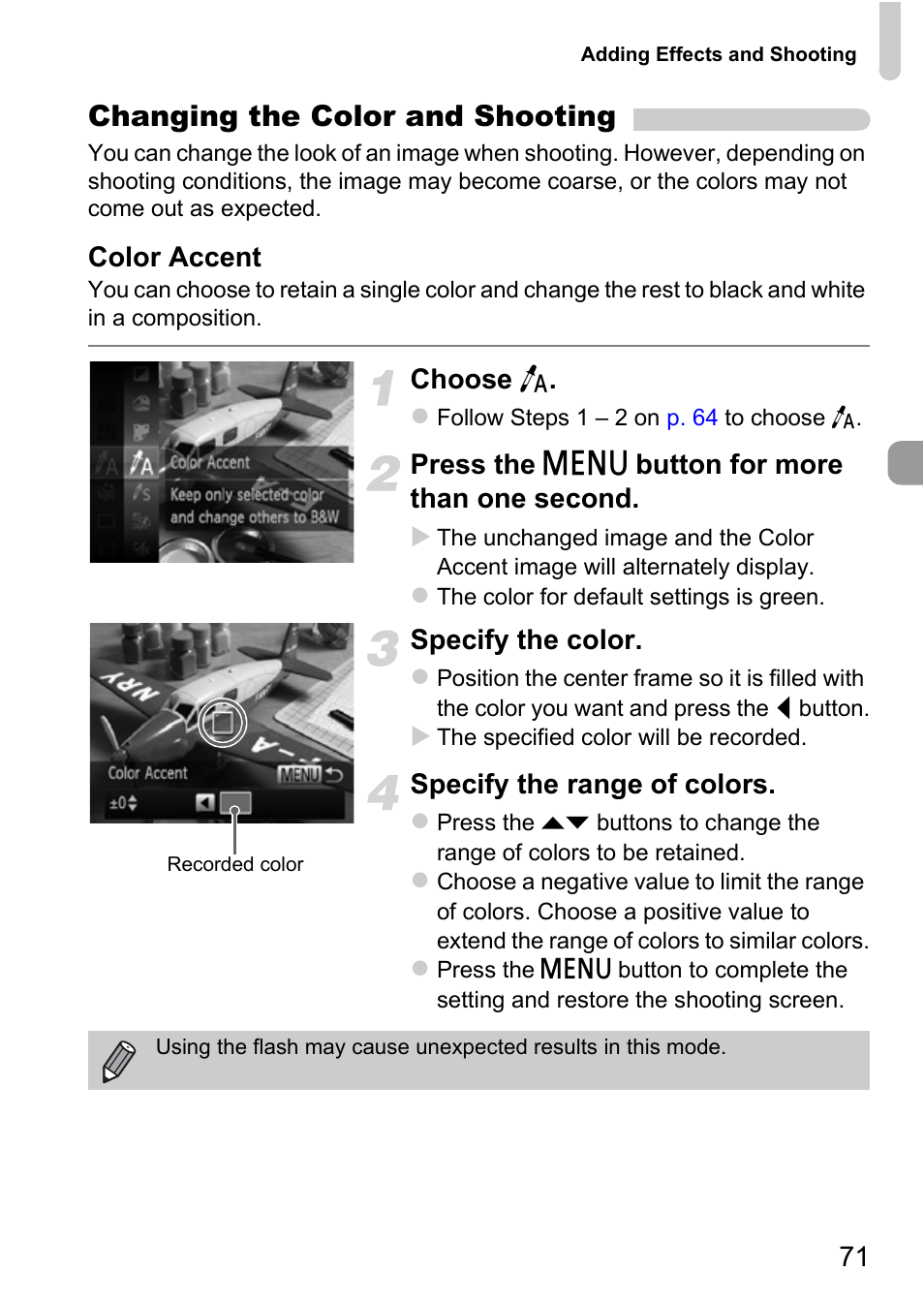 P. 71), Changing the color and shooting | Canon IXUS 115 HS User Manual | Page 71 / 209