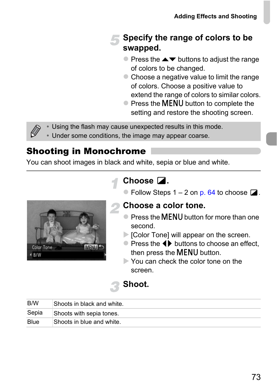 P. 73), Shooting in monochrome, 73 specify the range of colors to be swapped | Choose, Choose a color tone, Shoot | Canon IXUS 115 HS User Manual | Page 73 / 209