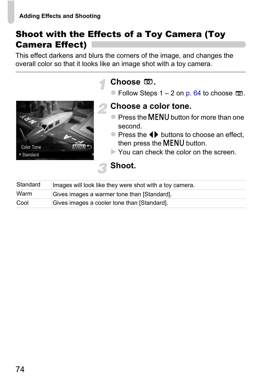 P. 74), Choose, Choose a color tone | Shoot | Canon IXUS 115 HS User Manual | Page 74 / 209