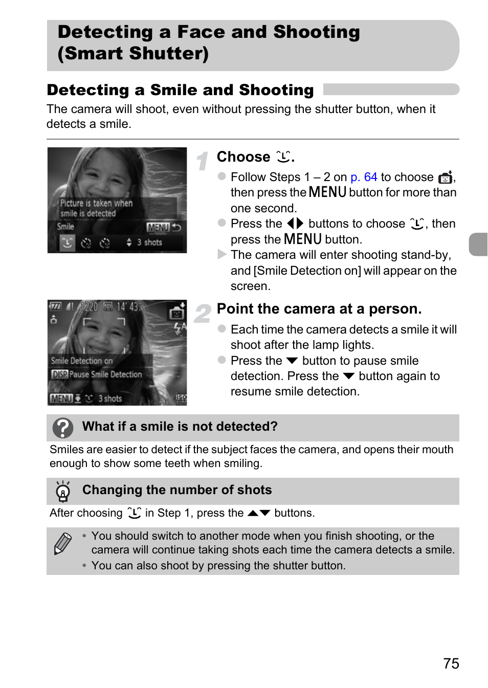 Detecting a face and shooting (smart shutter), Detecting a face and shooting, Smart shutter) | Detecting a smile and shooting, Choose, Point the camera at a person | Canon IXUS 115 HS User Manual | Page 75 / 209