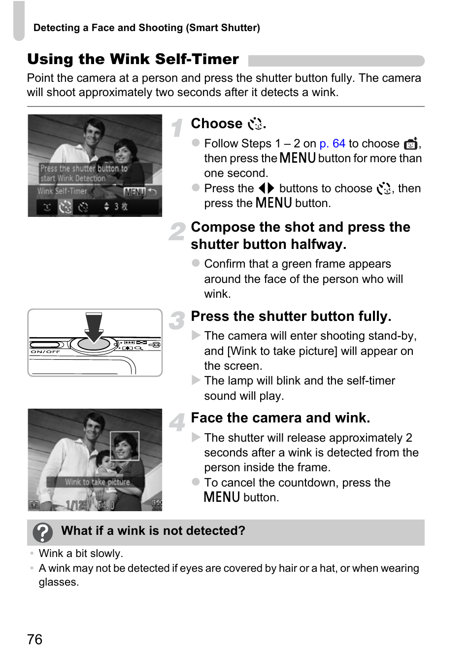 Using the wink self-timer, Choose, Press the shutter button fully | Face the camera and wink | Canon IXUS 115 HS User Manual | Page 76 / 209