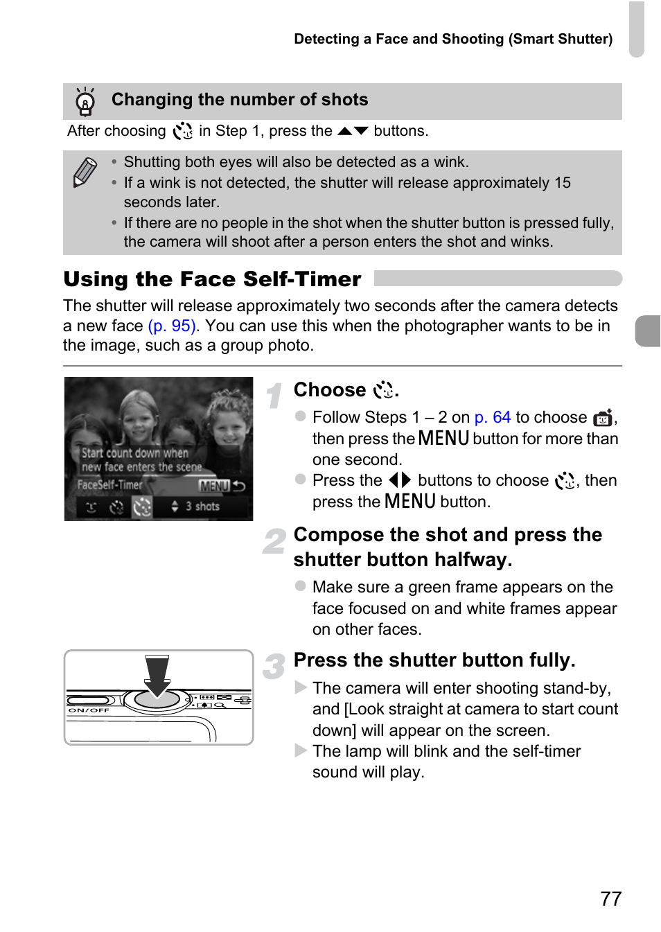 Using the face self-timer, Choose, Press the shutter button fully | Canon IXUS 115 HS User Manual | Page 77 / 209