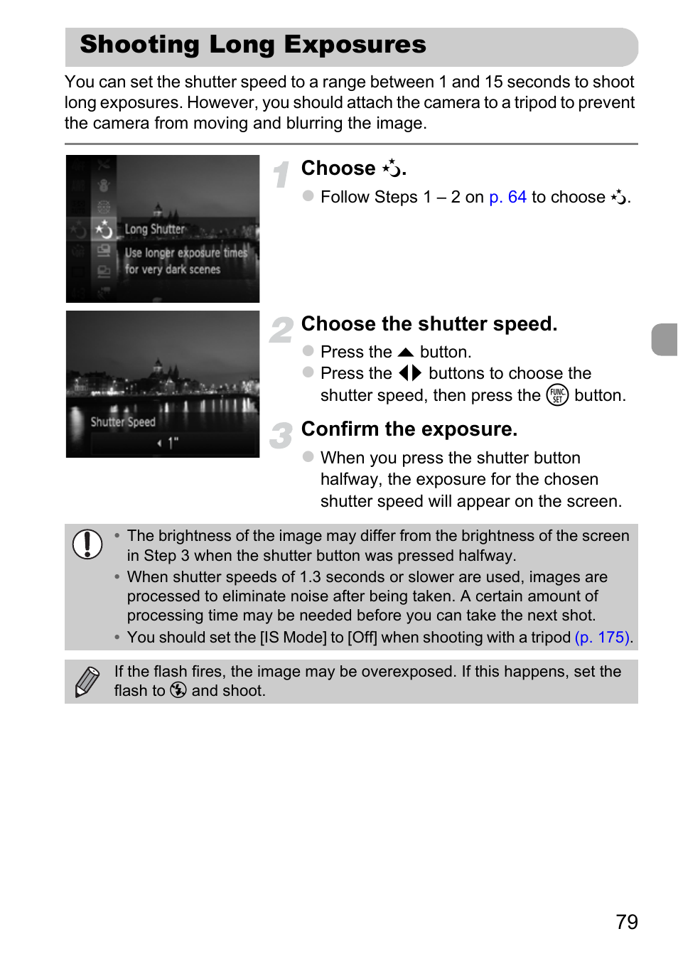 Shooting long exposures, P. 79), Choose | Choose the shutter speed, Confirm the exposure | Canon IXUS 115 HS User Manual | Page 79 / 209