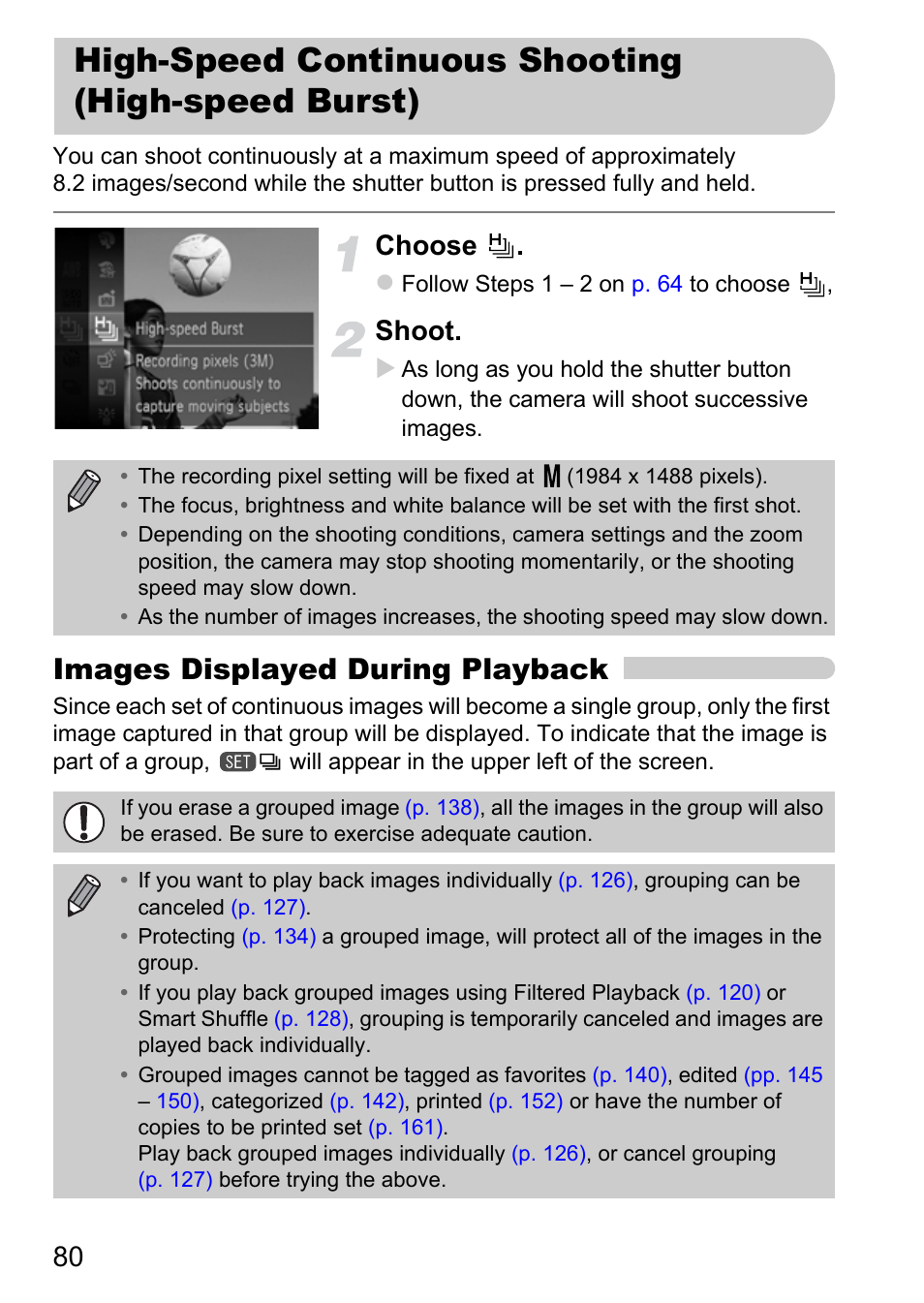 High-speed continuous shooting (high-speed burst), High-speed continuous shooting, High-speed burst) | Images displayed during playback, Choose, Shoot | Canon IXUS 115 HS User Manual | Page 80 / 209