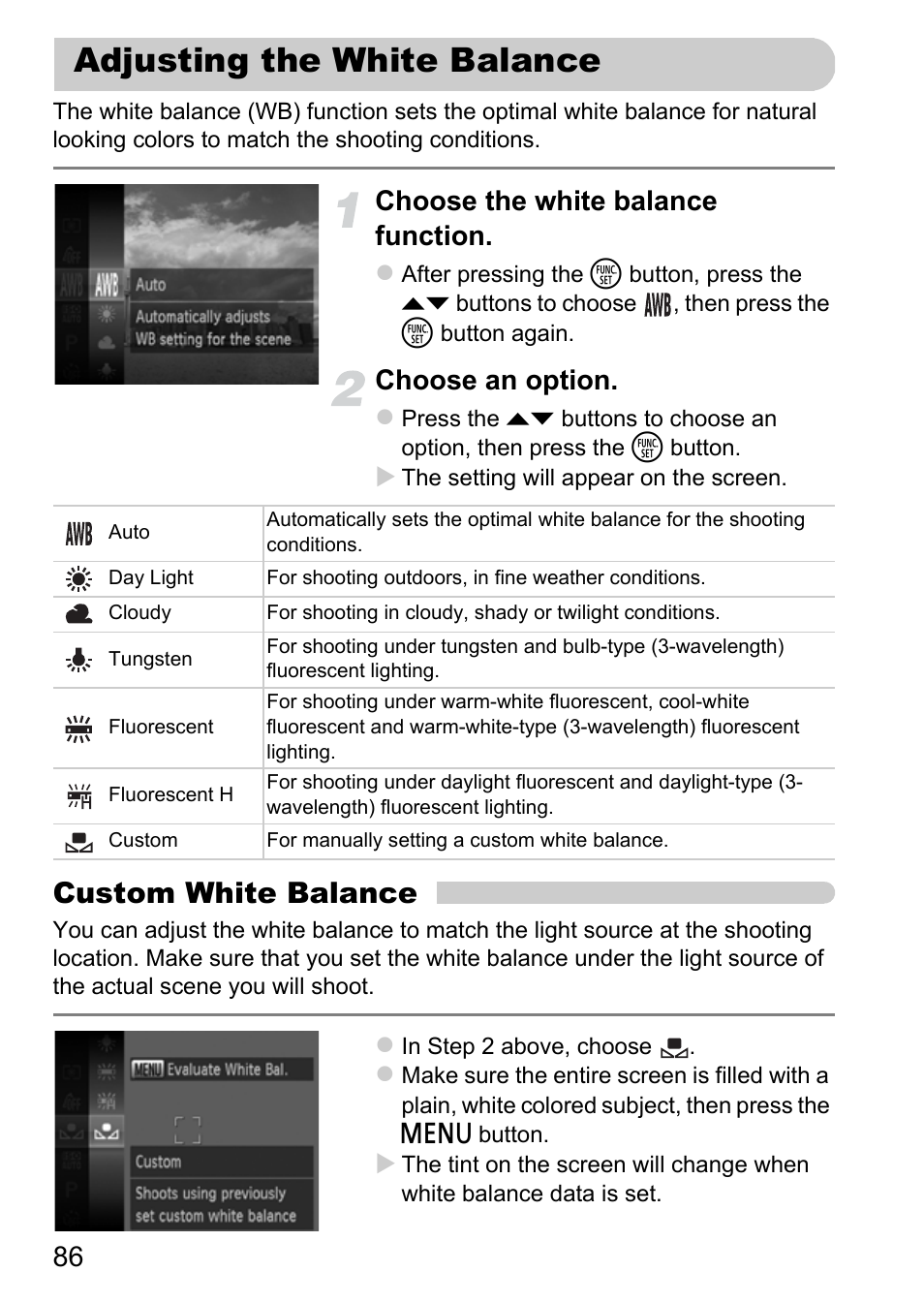 Adjusting the white balance, P. 86), Custom white balance | Choose the white balance function, Choose an option | Canon IXUS 115 HS User Manual | Page 86 / 209