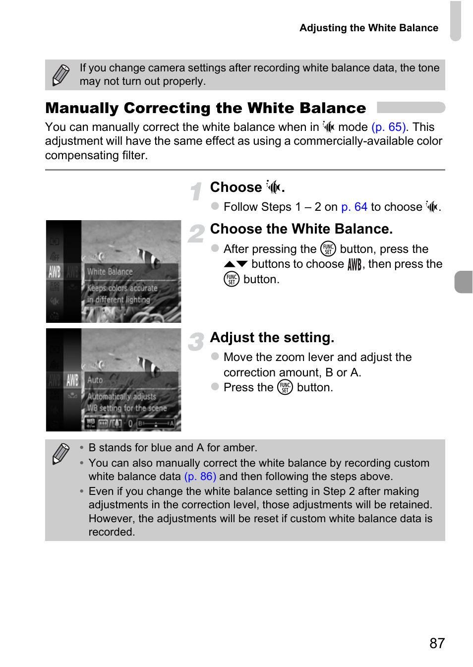 P. 87), Manually correcting the white balance, Choose s | Choose the white balance, Adjust the setting | Canon IXUS 115 HS User Manual | Page 87 / 209