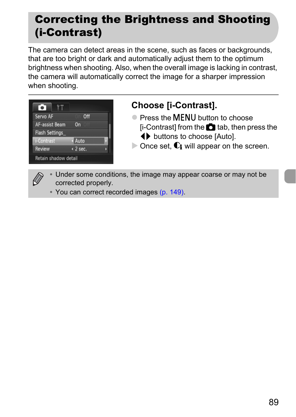 Correcting the brightness and, Shooting (i-contrast), Choose [i-contrast | Canon IXUS 115 HS User Manual | Page 89 / 209