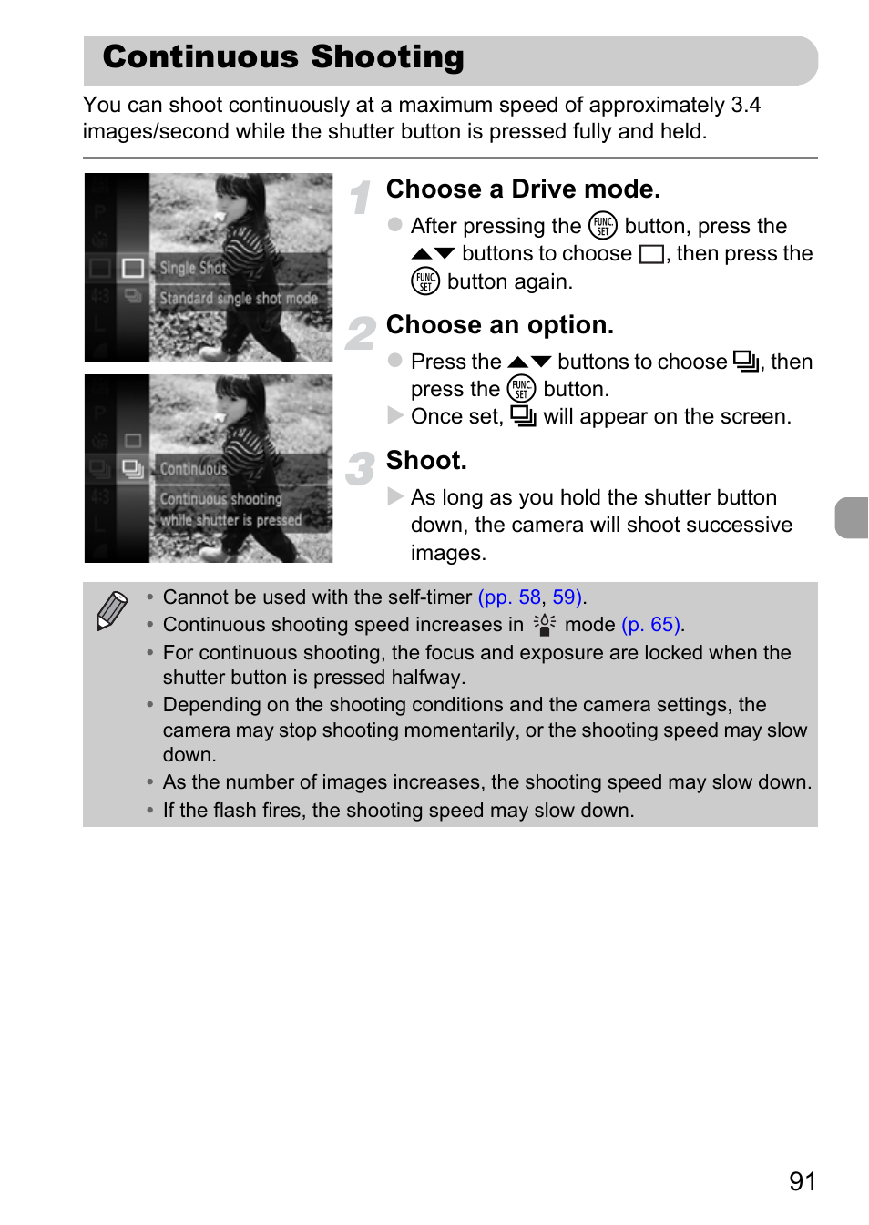 Continuous shooting, Choose a drive mode, Choose an option | Shoot | Canon IXUS 115 HS User Manual | Page 91 / 209