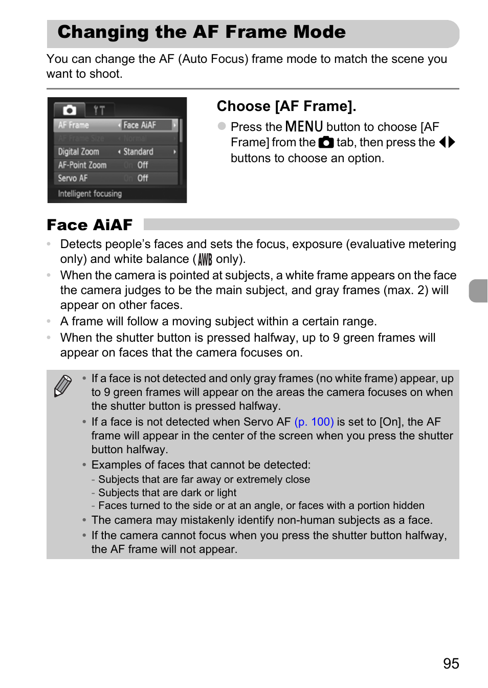 Changing the af frame mode, P. 95), Face aiaf | Choose [af frame | Canon IXUS 115 HS User Manual | Page 95 / 209